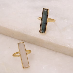 Large moonstone baguette ring. Bohemian Labradorite ring in gold plated brass. Statement ring for women and men.