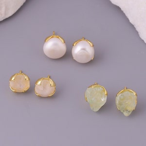 Raw Stone earrings Gold. Natural gemstone Earring studs. Citrine, Carnelian, Amethyst, Rose Quartz, Pearl, Aquamarine,Moonstone.Lotus flower