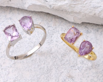 Designer Amethyst open ring. Gold plated brass ring. Open Adjustable ring. Stackable ring. Sleek minimalist ring. Handcrafted ring