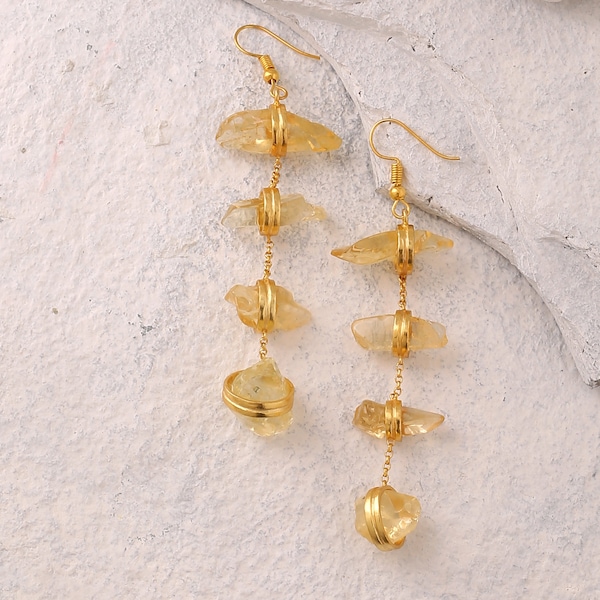 Natural Raw citrine earring danglers. Designer Gold plated brass earrings. Fashion jewelry. brass earring, rough stone earring