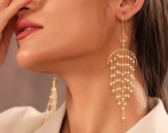 Pearl dangle earring. Bohemian pearl earrings for women. Light weight casual long dangle earrings. Beautiful Earrings. Brass Gold plated.
