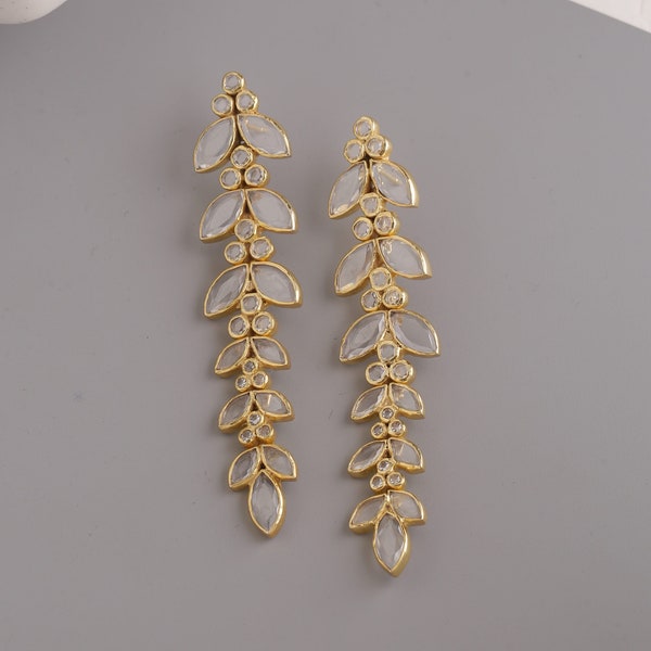 Rose cut dangle earrings gold. Long Indian design statement earring. Zirconia bohemian earring. Wedding earrings. Brass gold plated.