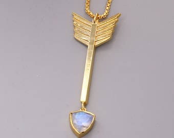 Bohemian Arrowhead pendant necklace gold. Moonstone arrowhead pendant. Statement fashion jewelry. Brass jewelry gold plated.