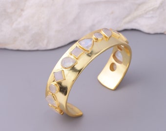 Bohemian Moonstone bracelet gold. Statement designer bangle, cuff. Heavy large bold bangle,. Gold plated brass jewelry.