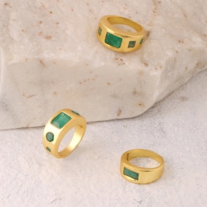 Emerald ring gold. Chunky Statement rings gold. Baguette octagon gemstone rings. Gold plated brass rings. natural birthstone jewelry