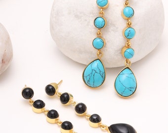 Turquoise dangle earrings gold. Lapis Lazuli Earring. Black onyx Dangle statement earring for women. Brass earrings gold plated.