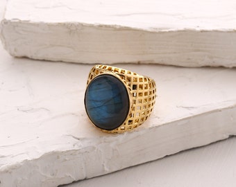 Labradorite ring gold. Bohemian statement ring. Garnet, howlite, Citrine ring. Designer filigree gold plated ring. brass jewelry.