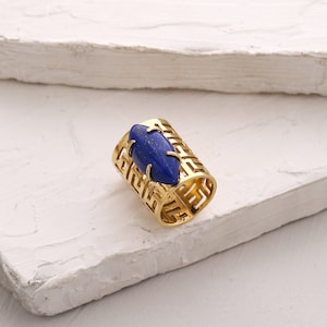 Bohemian Lapis lazuli ring gold. Big chunky marquise crystal ring with filigree design band. Large crystal rings statement.