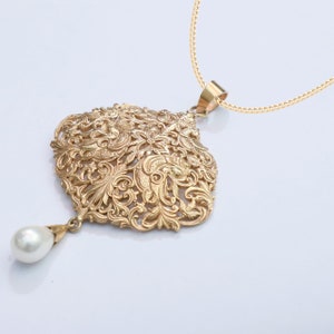 Leaves Carving Ancient Greek Gold necklace. Designer pendant. Gold plated Jewelry.