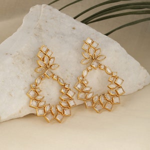 Rose cut gemstone earrings gold. Indian wedding dangle earrings. Designer Handmade earrings round. Partywear earrings. Brass gold plated.