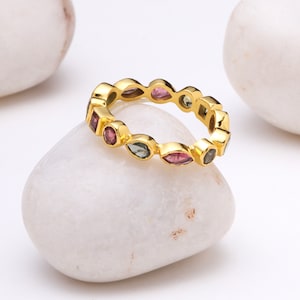 Multi Tourmaline ring band gold. Statement band rings in natural tourmaline gemstone. Mix cut gemstone ring for women and girls.