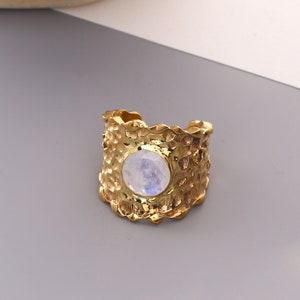 Hammered gold ring moonstone. Designer Bohemian Statement ring. Gold plated brass ring.