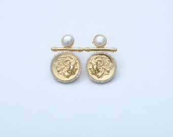 Greek Coin Stud earring. designer Earrings. Coin Earring. Gold plated Brass earring, Pearl earring. gift, fashion jewelery