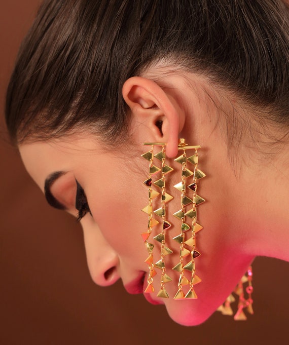 Dangle Earrings Gold. Statement Designer Long Earrings. Stylish Big Long Dangle Earrings. Party Wear Earring. Golden Blingy Earrings. Etsy