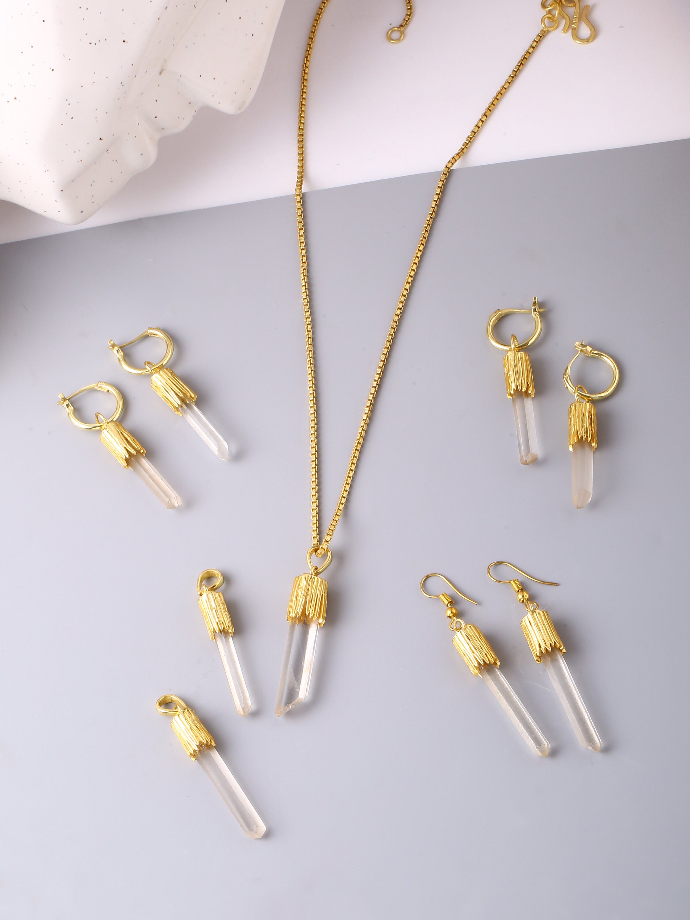 Raw quartz natural crystal earring. Gold. Clear Crystal point Etsy