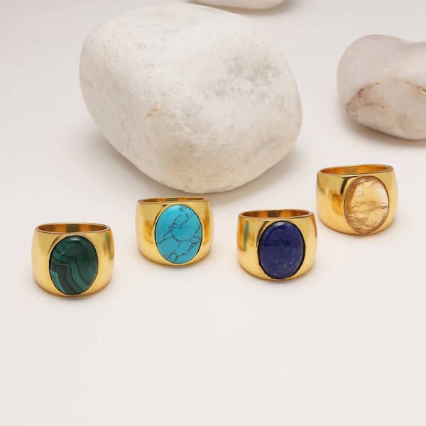 Bohemian gemstone ring gold. Statement ring for men and women in Turquoise, Malachite, Citrine and Lapis Lazuli. Chunky boho style ring.