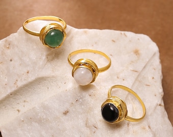 Crystal ring gold for women. Casual Jade ring, moonstone ring, black onyx ring. Gold plated gemstone rings.