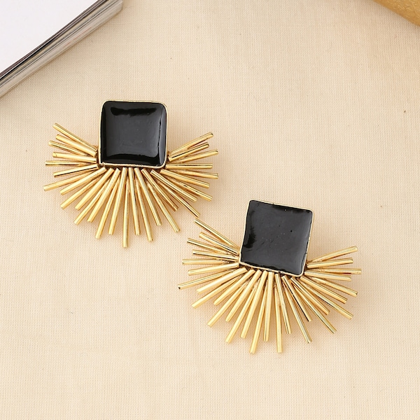 Black enamel Brass Earring studs. Sunburst designer Earring. Gold plated earring Studs. Black Enamel Earring., boho jewelry, gift