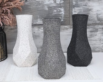 Gran jarrón de aspecto de piedra de granito de 10 pulgadas y 25 cm Decoración negra gris blanca Flores secas geométricas Efecto de granito de roca único Hormigón minimalista