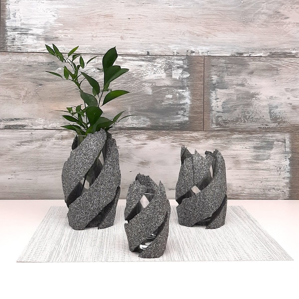 Rock sculpture vase Grey decor Granite stone centerpiece Live flowers wedding unique holder Minimalist style Futurist modern Large medium