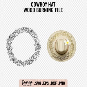 Puede incluir: Archivo digital con un diseño de sombrero de vaquero para pirograbado. La imagen incluye un sombrero de vaquero beige con un diseño floral y una flor blanca, además de una corona floral. El texto dice "COWBOY HAT WOOD BURNING FILE".