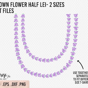 Crown Flower Halve Lei in lang en extra lang voor opstrijkbare T-shirts en meer, Lei Pua Kalaunu-svg, bestanden met effen en effen lei, shirtontwerp