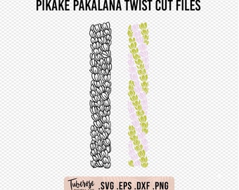 May include: Two digital cut files of a pikake flower lei, one in black and white and one in green and purple. The files are labeled "SVG .EPS .DXF .PNG".