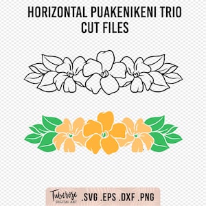 May include: A digital design file for a horizontal trio of flowers with leaves. The flowers are in a light orange color and the leaves are green. The design is available in SVG, EPS, DXF, and PNG formats.