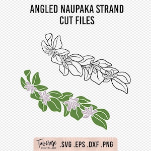May include: Black and white line art illustration of a floral strand with angled leaves and flowers. The strand is shown in two orientations, one with green leaves and purple flowers.