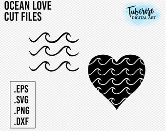 Ocean Love Heart Waves SVG, Waves trio Cricut file, Minimal Ocean Iron on, Sticker files, Beachy style icon designs, His and hers Beach logo
