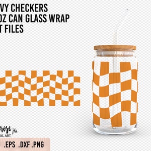 Retro Wavy Checkers 16oz Can Glass Wrap SVG, Groovy vibes checker wrap, pre sized cricut file for libbey style glass, Checkerboard