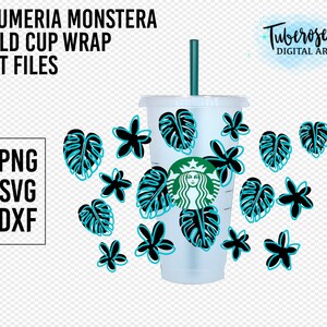 Plumeria Monstera kall kopp SVG, Sbux kopp wrap SVG, solid och konturerad 2-lagers blommig Cricut cut-fil för återanvändbara koppar, tropiska koppdesigner