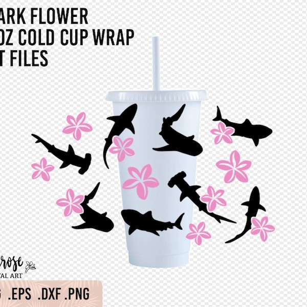 Shark Flower Cup Wrap No hole, Plumeria and shark silhouettes 24oz Cold Cup, tropical flower SVG, Shark week, tropical shark tumbler wrap