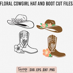 Floral Cowgirl Hat en Boot SVG, Geïllustreerde Cowboyhoed/laars met hibiscus en plumeria bloemen bloemenland cricut bestanden, cowgirl clipart