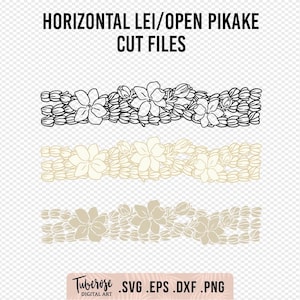 Può includere: Tre modelli di lei orizzontali con file di taglio di fiori pikake aperti. Il design superiore è in bianco e nero, quello centrale è beige e quello inferiore è beige chiaro. I disegni includono il testo "HORIZONTAL LEI/OPEN PIKAKE CUT FILES" e "Tuberose DIGITAL ART .SVG .EPS .DXF .PNG".
