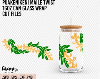 Puakenikeni and Maile 16oz Can Glass SVG,  Floral lei cup wrap Presized glass wrap, Maile Lei SVG, Hawaiian flower cut files, Cupwrap around