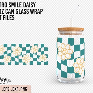 Retro Checkers Smile Daisy 16oz Can Glass Wrap SVG, Groovy Smile flower wrap, fichier cricut pré-dimensionné pour verre de style libbey, conception 2 couches