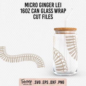May include: A digital cut file design for a 16 oz glass wrap with a micro ginger lei design. The design is in a light brown color and features a repeating pattern of small circles. The design is shown on a clear glass bottle with a wooden lid and a straw.
