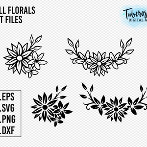 Puede incluir: Cuatro diseños florales en blanco y negro, que incluyen un ramo y tres coronas. El texto "FALL FLORALS CUT FILES" está en la parte superior de la imagen. El texto ".EPS .SVG .PNG .DXF" está en el lado izquierdo de la imagen. El texto "Tuberosa DIGITAL ART" está en el lado derecho de la imagen.