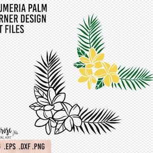 Plumeria Palm Tropische hoek SVG Laser bestand, Plumeria Palm varenblad ontwerp Cricut gesneden bestanden, Frangipani bloemen Geïllustreerde Clipart Line art