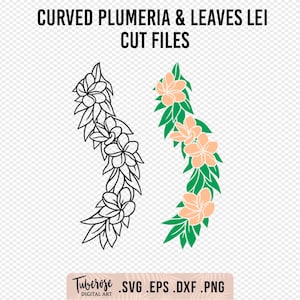 Curved Plumeria and leaves lei SVG, Lei po&#39;o style line art/solid design, Lei Plumeria SVG, Curvy Lei design for cricut/ laser engraving png