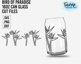 Bird of Paradise 16oz Libbey Can Glass wrap. Floral Line Art cut files, Also for waterbottle decals, Vinyl, HTV iron on and Digital clip art