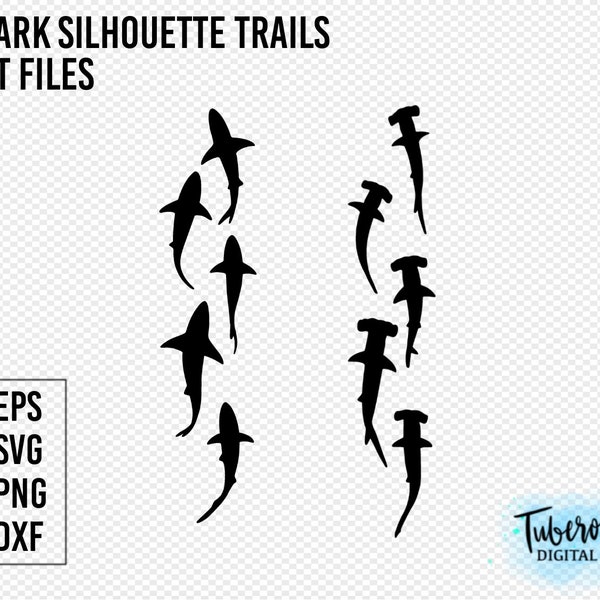 Shark Silhouette trails, Reef sharks and Hammerhead sharks SVG, Ocean life, group of shark cricut files, iron on, cup wrap stickers