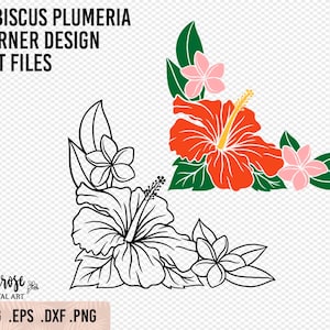 Tropische Ecke SVG Laser-Datei, Hibiscus Plumeria Blumen-Design PNG-Schnittdateien, Frangipani Blumen Illustriert Tropical Line Kunst Glühschmiede