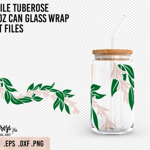 Tubéreuse et boîte de 16 oz en verre SVG, enveloppement floral de tasse de lei Enveloppement de verre prédimensionné, Maile Lei SVG, fichiers coupés de fleurs hawaïennes, emballage de tasse autour