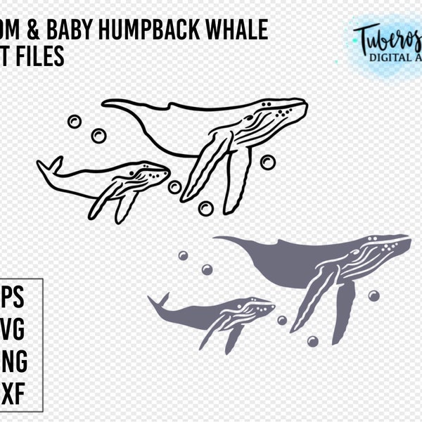 Mom and Baby Humpback Whale SVG cut file, Whales line art sticker design, Ocean life Cricut Files for vinyl, iron on, png Illustrated art