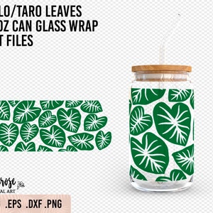 Feuilles de Kalo 16 oz en verre SVG, feuilles de taro en forme de coeur dans un motif aléatoire, enveloppement de verre Libbey, feuilles tropicales coupées fichiers prédimensionnés en verre de 16 oz