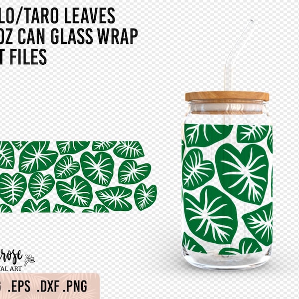 Kalo Leaves 16oz Can Glass SVG, Heart shaped Taro leaves in a random pattern, Libbey glass wrap, Tropical leaf cut files presized 16oz glass