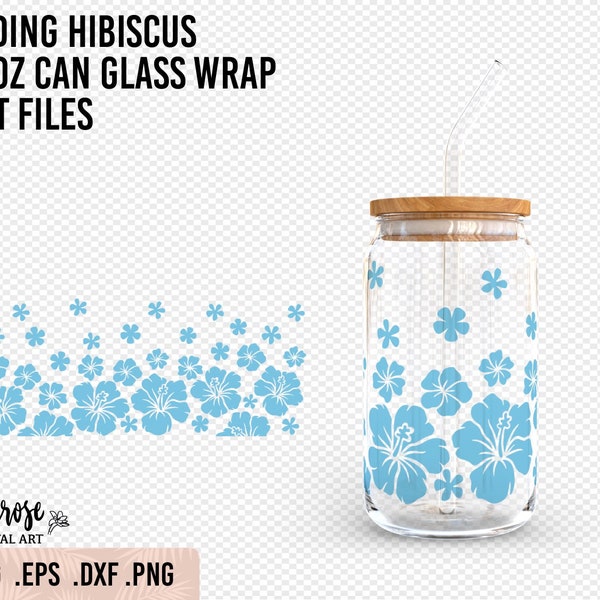 Fading Hibiscus 16oz Can Glass SVG, Hibiscus flowers full wrap, mini flowers to big flower cup wrap design, Summer floral glass SVG DXF