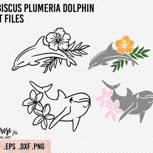 Hibiscus en Plumeria Dolphin SVG cut bestanden, Geïllustreerde Tropical Floral Dolphin line art, stickers Clip art Bevat ook laser cutout bestand